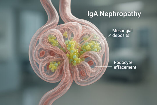 IgA Nephropathy Glomerulus Illustration Showing Mesangial Deposits and Podocyte Effacement
