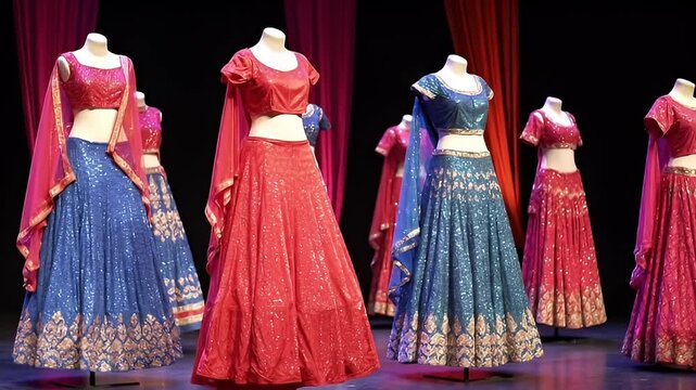 Vibrant traditional Indian lehenga choli outfits with intricate embroidery and sequins displayed on mannequins.
