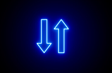 Up and down directional Neon blue color arrow sign on black background. Neon road symbol. arrow background. Neon glowing arrow pointer. Glowing indicator icon. Neon and glowing right arrow icon.