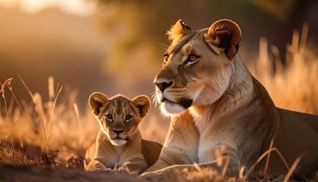 A lioness and her cub rest in the golden light of sunrise, their warm tones blending seamlessly with the savanna grasses.