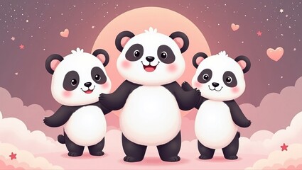 Obraz premium Three adorable panda bears stand together on a pink cloud background, beneath a pale-orange moon, filled with stars and hearts.
