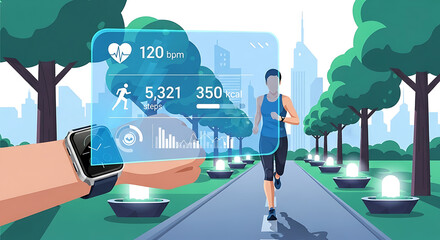 Man running in park with smartwatch displaying health data and futuristic interface
