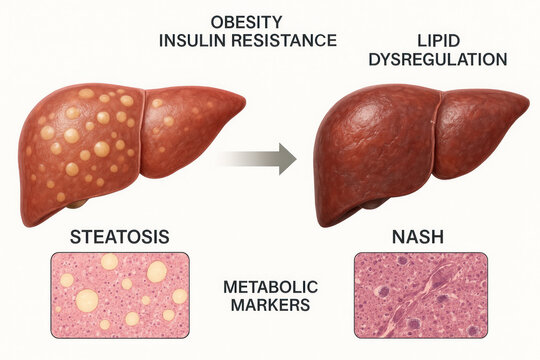 Progression from Steatosis to NASH: Liver Disease Illustration
