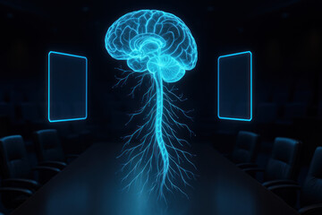 Brainstorming Session: Digital Brain in a Conference Room, Illustration