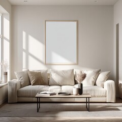 Elegant neutral home interior featuring blank poster mockup, large bright window, soft shadow play, cozy minimal furniture, white walls, perfect wall art display for designers and creatives