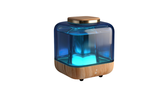 A square, glass aromatherapy diffuser with a wooden base and lid.  Light blue glass exterior.  A soft, glowing light source visible inside
