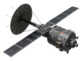 Detailed High Resolution Illustration of a Gray and Black Military Style Satellite with Solar Panels and a Parabolic Antenna isolated on a transparent background