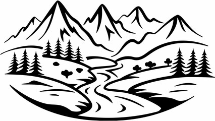 Fototapeta premium Vintage style mountain landscape with river flow illustration