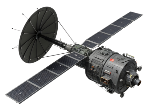 Detailed High Resolution Illustration of a Gray and Black Military Style Satellite with Solar Panels and a Parabolic Antenna isolated on a transparent background