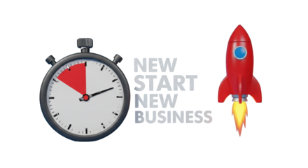 3D Stopwatch Rocket and Text New Start New Business Isolated startup launch isolated on a transparent background