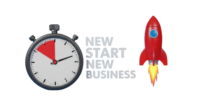 3D Stopwatch Rocket and Text New Start New Business Isolated startup launch isolated on a transparent background