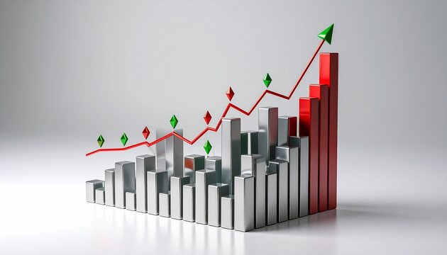 3D bar chart with green and red bars, red upward line graph, diamond markers, financial growth trend.
