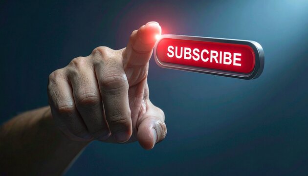 Suited hand pointing at glowing red “SUBSCRIBE” button, digital call-to-action, tech-savvy visual. - Powered by Adobe