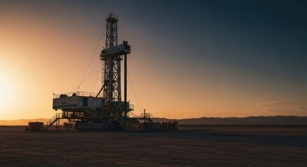 Silhouetted oil rig at sunrise over flat landscape