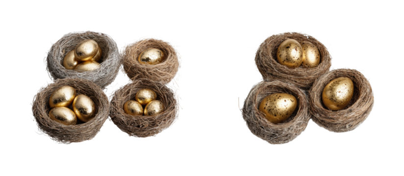 Golden eggs nesting together home elegant style PNG set, cut out, isolated on transparent background