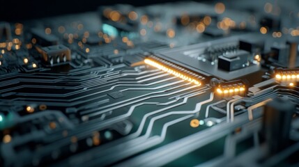 A close-up of a computer circuit board with intricate printed circuits, bright yellow LED lights, resistors, capacitors,