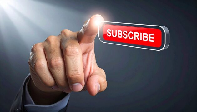 Suited hand pointing at glowing red “SUBSCRIBE” button, digital call-to-action, tech-savvy visual. - Powered by Adobe