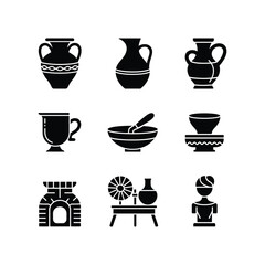 Collection of ancient greek ceramic pottery vessels and figurines artistic silhouettes