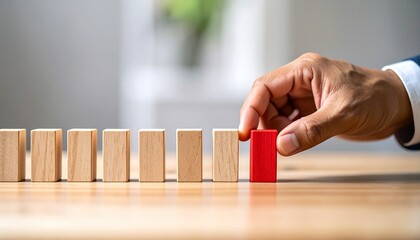 Red domino block picked by suited hand among wooden blocks, strategic intervention, blurred indoor background.