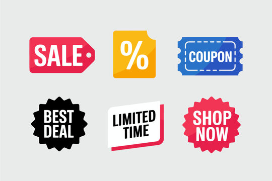 Sale and coupon icons with price tag design, shop now and limited offer illustration, best deal and promotion graphics, online shopping vector set