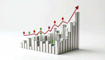 3D bar chart with green and red bars, red upward line graph, diamond markers, financial growth trend.