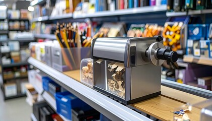 A metallic pencil sharpener sits on a shelf, surrounded by various art supplies in a store.