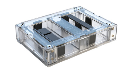 Transparent, rectangular,  industrial enclosure with internal components.  Two compartments are visible.  Clear plastic/acrylic exterior,  metal framework