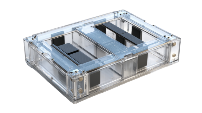 Transparent, rectangular,  industrial enclosure with internal components.  Two compartments are visible.  Clear plastic/acrylic exterior,  metal framework