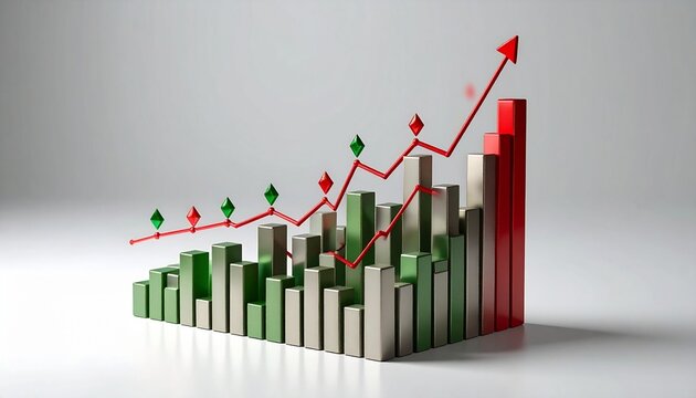 3D bar chart with green and red bars, red upward line graph, diamond markers, financial growth trend.