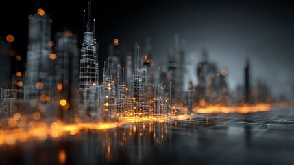Fototapeta premium Glowing 3D Wireframe City with Data Packets Visualization