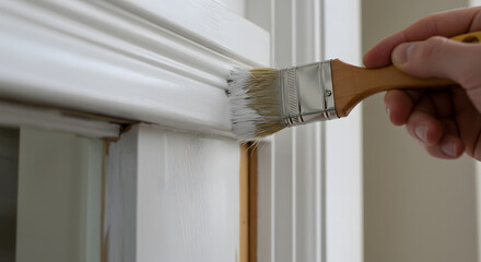 Close up of a hand holding a paintbrush applying white paint to trim and molding for home improvement