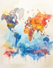 Fototapeta premium Watercolor world map, abstract design with blended colors and dripping effect
