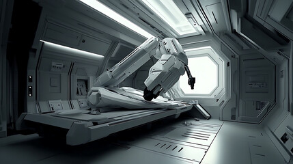 Futuristic Medical Bay with Robotic Arm and Examination Table