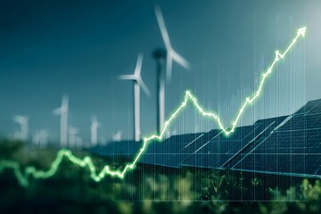 A digital graph showing an upward trend in green energy production, with wind turbines and solar panels visible in the background.