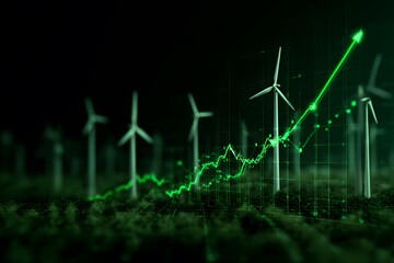 A digital graph showing an upward trend in green energy production, with wind turbines and solar panels visible in the background.