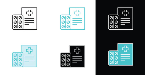 Medical prescription with a cross and a blister pack of pills icon set