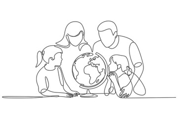 Family exploring the world together with a globe