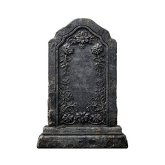 Elegant gravestone with floral carvings and blank surface for memorial on a transparent background, cut out.
