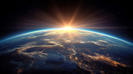 Fototapeta premium Artistic view of Earth during sunrise from space with sun rays radiating outward, visible curvature, clouds, landmasses,