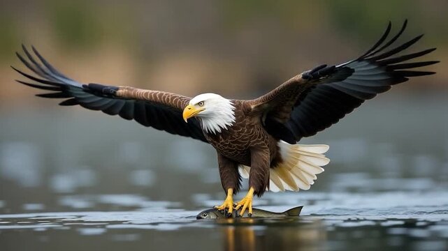 A bald eagle swooping down to catch a fish in the water