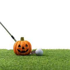 Golf themed Halloween pumpkin with golf ball on artificial grass on a transparent background, cut out.