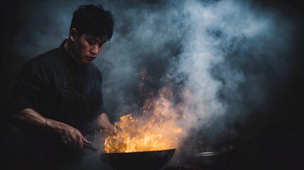 A focused chef expertly stir fries food in a fiery wok creating dramatic flames and smoke in a dark culinary setting