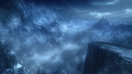 Vast glacial mountain range shrouded in mist beneath an ethereal twilight sky
