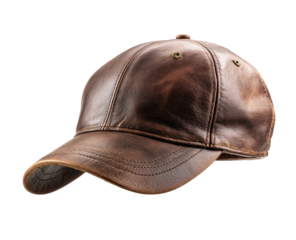 Close-up of a brown leather baseball cap.  Distressed leather, curved brim,  classic style