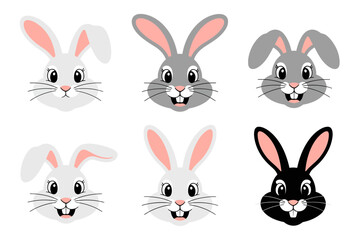Rabbit portrait icons with friendly expression design, bunny head and nose illustration, Easter rabbit and pet character graphics, adorable wildlife vector set