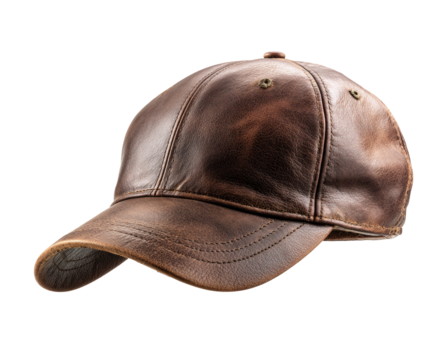 Close-up of a brown leather baseball cap.  Distressed leather, curved brim,  classic style