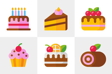 Cake and bakery dessert icons with birthday design, layered cake and slice illustration, cupcake and pastry graphics, celebration confectionery vector set