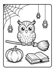 Halloween Coloring Page with Owl Pumpkin Broom and Book for Creative Holiday Fun