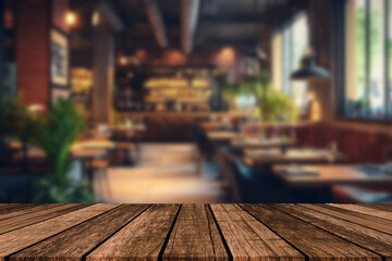 background Image of wooden table in front of abstract blurred restaurant lights