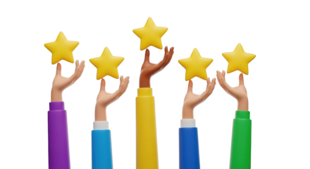 Five hands holding yellow stars rating review isolated on a transparent background